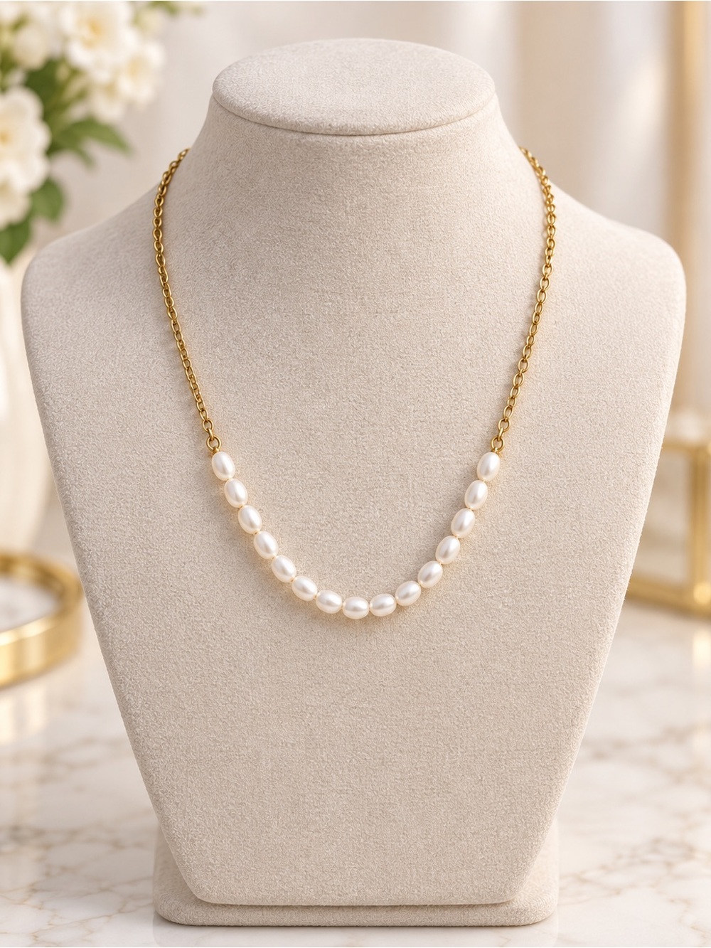 New Classic Gold Pearl Necklace - Elegant White Pearls